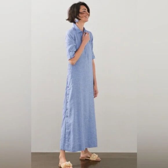 Chicos chambray denim Linen Blend Button Seam Maxi Dress size 2 - Picture 2 of 11